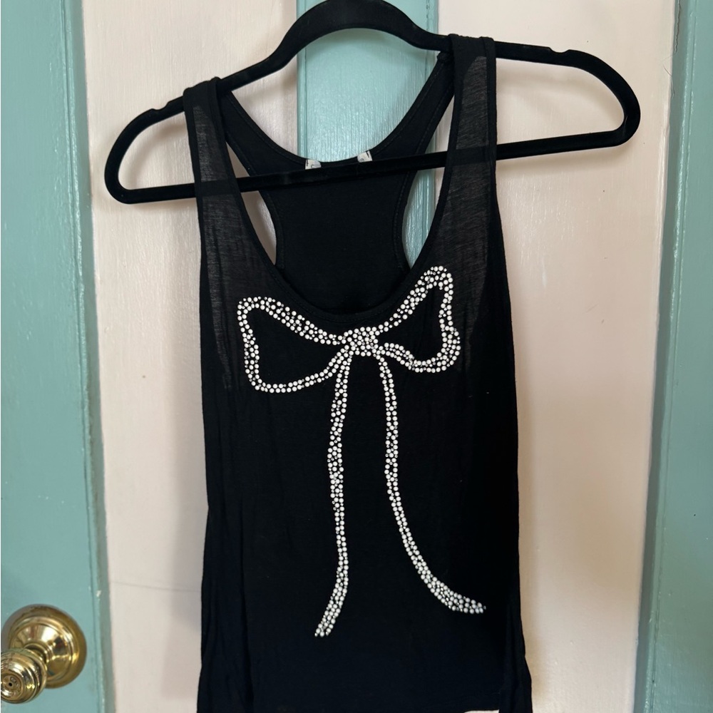 Elegant Black Tank Top with Rhinestone Bow
